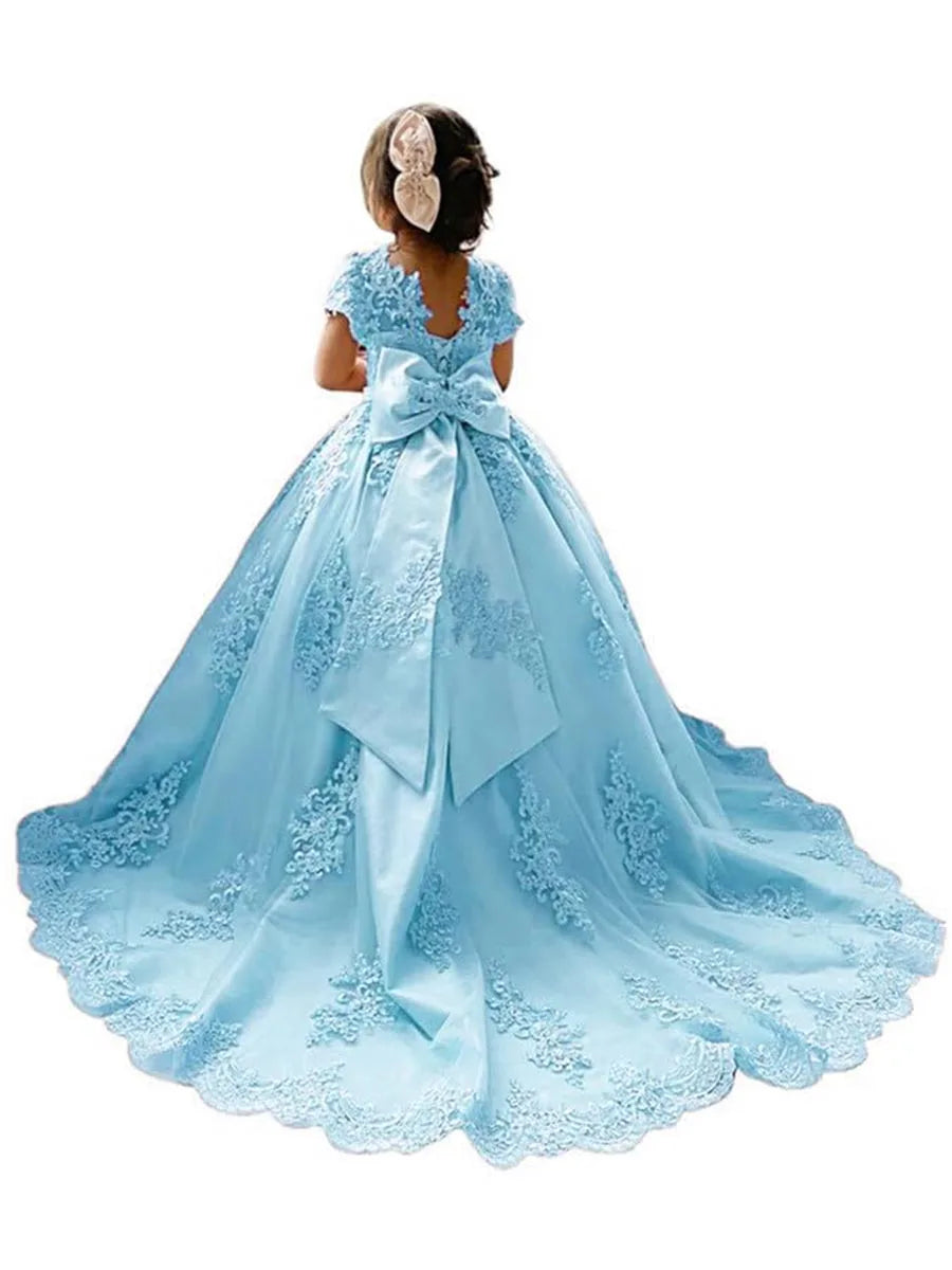 Girls Princess Flower Girl Dresses for Wedding With Bow-knot Beaded Appliques Pageant Dress Kids Long Train Wedding Party Gowns