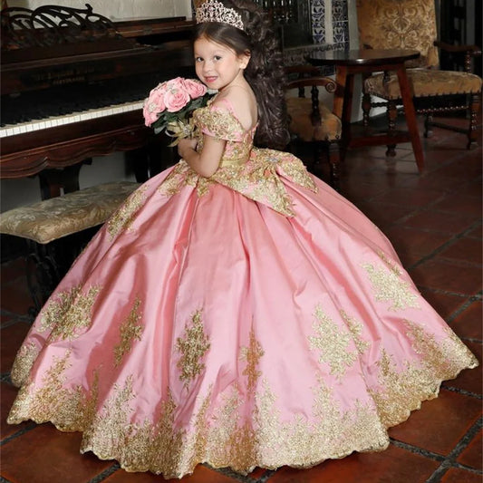 Luxury Golden Applique Full Ball Princess Wedding Party Flower Girl Dress Off The Shoulder Floor Length First Communion Gown New