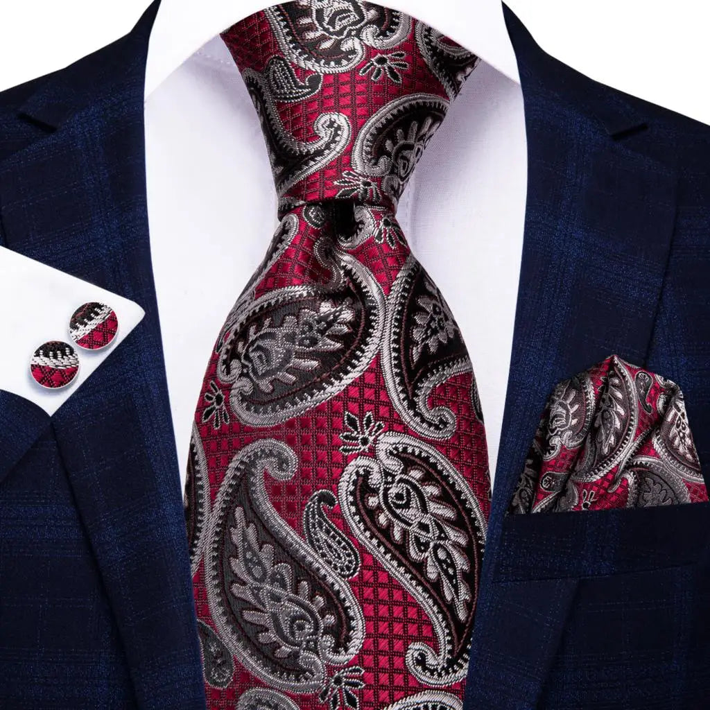 Hi-Tie Designer Red Burgundy Plaid Silk Wedding Tie For Men Handky Cufflink Gift Mens Necktie Fashion Business Party Dropshiping