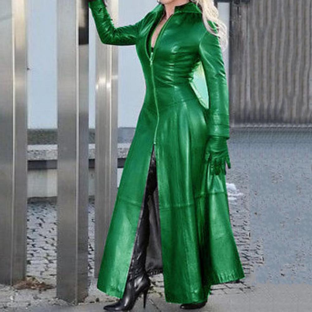 Loose Leather Jacket Trench Women Lapel Collar Zipper  Cyberpunk Coat Tight Waist Split Hem Autumn Winter Long Jacket PU