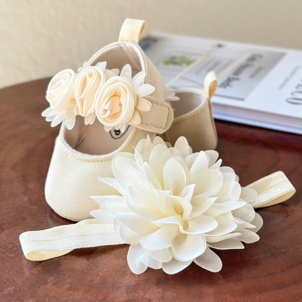 2pcs Baby Girls Flat Shoes With Flower Decor Princess Crib Shoes First Walker Shoes & Headband For Newborn Infant