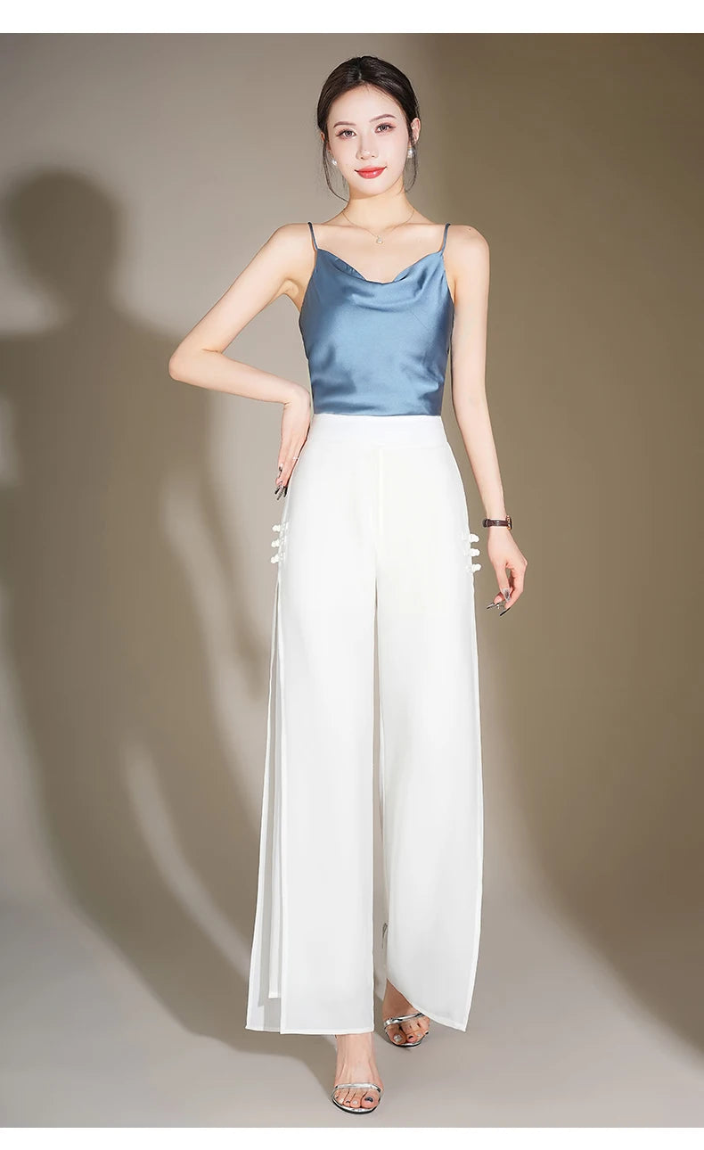 ZUZK Slit Chiffon Long Pants Summer Comfortable Elastic Waist Slim Double Layer Chiffon Pants Chic Droop Chinese Style Pants