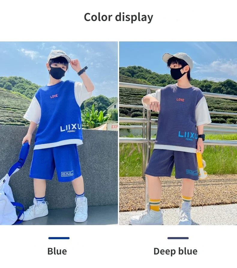 Junior Boys Summer Suit Children's Fashion Patchwork Short Sleeve Shorts Sports Suit Clothing 3-14Y Trend