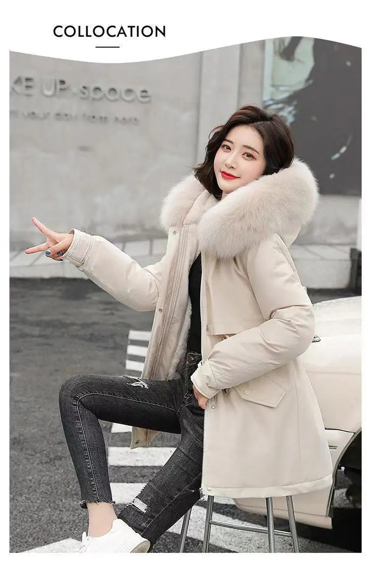 2025 Winter New Korean Edition Loose Thicken Cotton Jacket Women's Big Fur collar Hooded Coat Female Casual Warm Parker Overcoat
