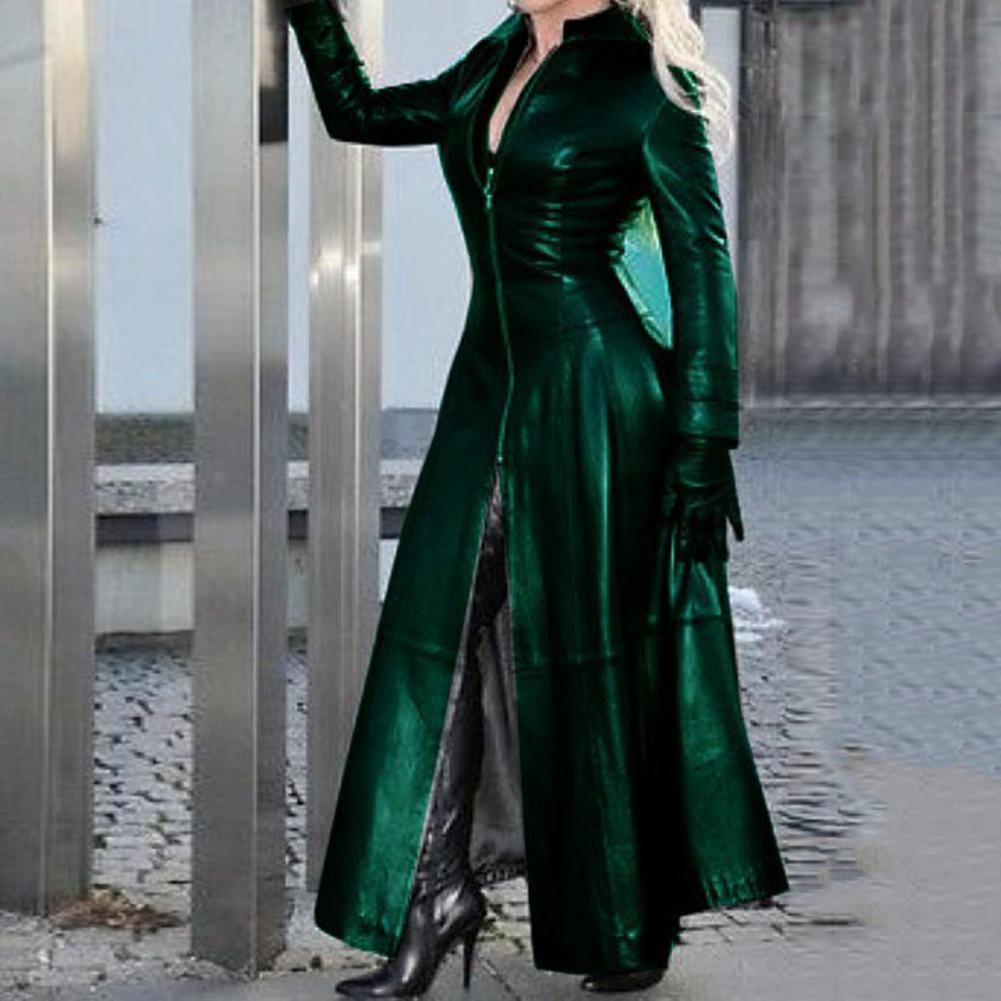 Loose Leather Jacket Trench Women Lapel Collar Zipper  Cyberpunk Coat Tight Waist Split Hem Autumn Winter Long Jacket PU