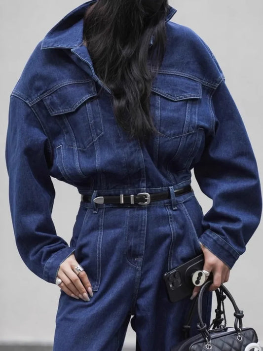 Blue Design Denim Jumpsuit Women'S Spring And Autumn Collar Fashionable Workwear Large Pocket Loose Pants