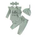 Newborn Baby Girls Autumn 4PCS Sets Long Sleeve Romper Tops Ribbed Pants Headband Hat Sets