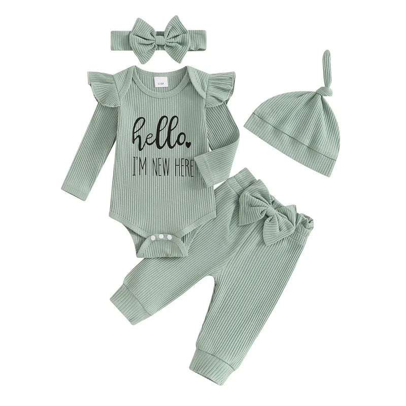 Newborn Baby Girls Autumn 4PCS Sets Long Sleeve Romper Tops Ribbed Pants Headband Hat Sets