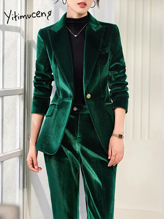 Yitimuceng 2025 New Fashion Office Women Two Piece Set of Fashionable Slim Fit Single Button Long Sleeved Women Long Pants Set