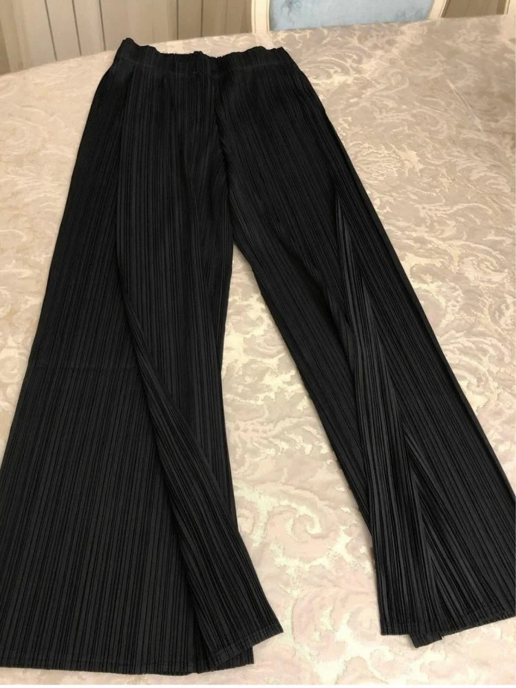 Miyake Pleated Black High Waist Split Side Straight Pants Women Causal Loose Cropped Trousers