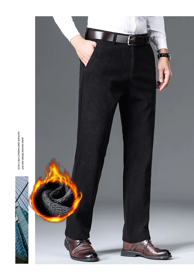 Winter New Corduroy Thick Pants Men's Fleece Fashion Business Straight Trousers Brand Comfortable Velvet Warm Plush Loose Pants