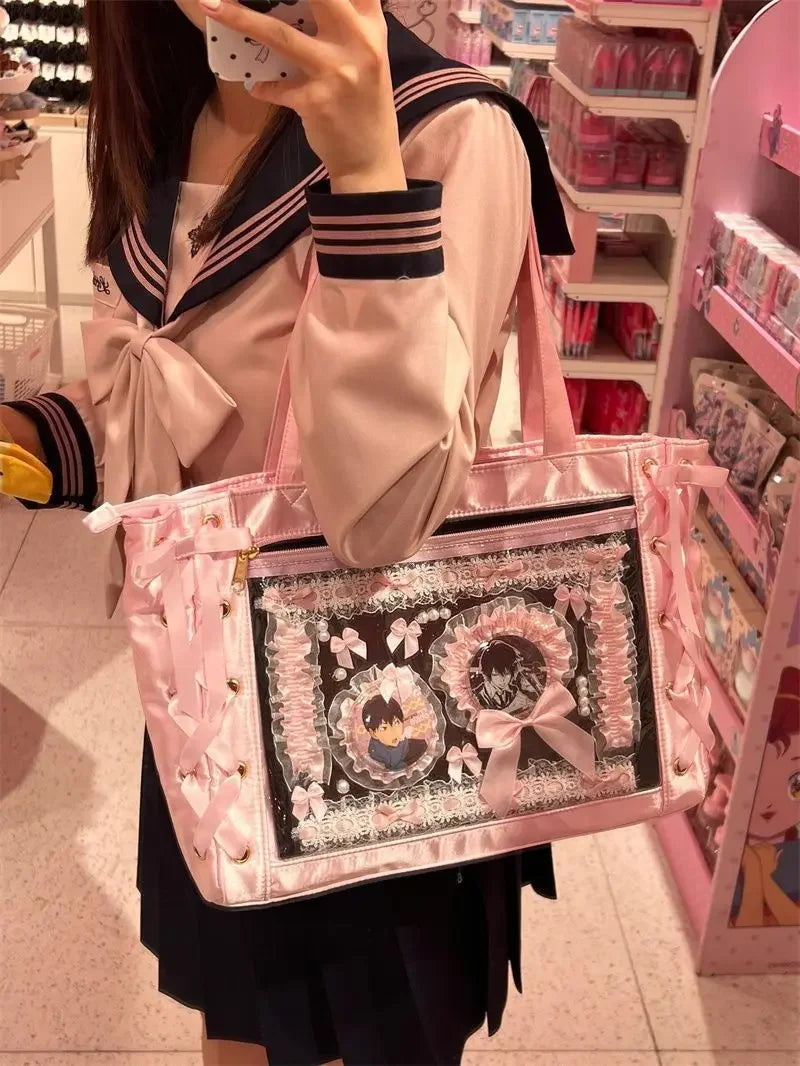 New Y2K Sweet Lolita Pink Ita Bag Women Japanese Transparent Large Capacity Tote Bag Ladies Harajuku Kawaii Handbag Aesthetic