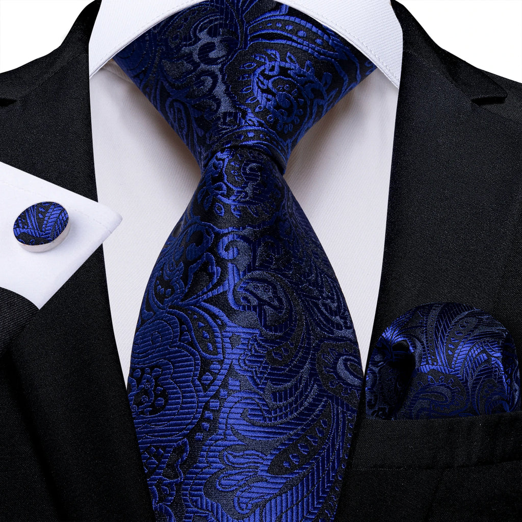 Royal Blue Paisley Plaid Striped Men tie Set with Handkerchief Cufflinks Wedding Prom Groom Accessories Perfect Gift for Men