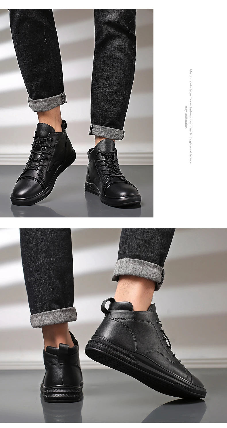 Genuine Leather Men's Casual Shoes Fashion High Top Sneakers Shoes Winter Wool Fur Warm Men Boots Outdoor Snow Non-Slip Footwear