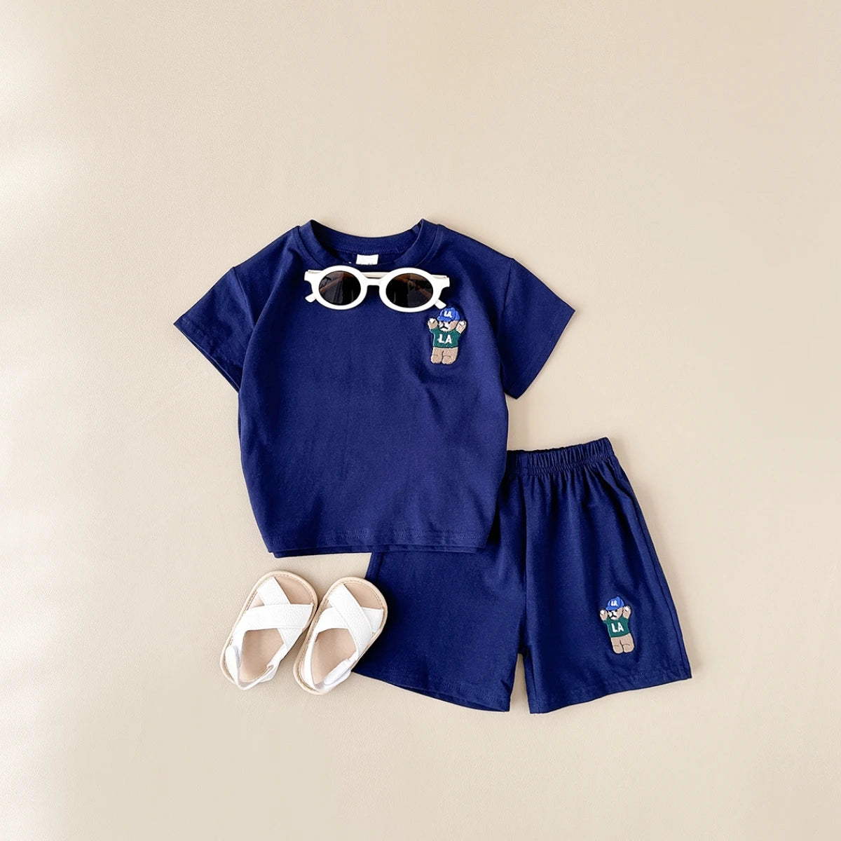 INS Summer Baby Boys Clothes Baby Girls Suit Bear Embroidery Thin Sports T-shirt Baby Cotton Infant Outfit Set Children Clothing