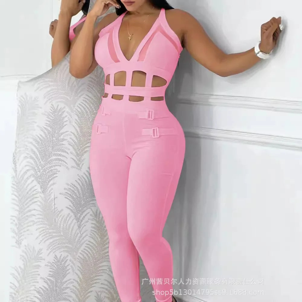 Women's Jumpsuit 2025 Summer New Sleeveless New Fashionable Hollow Camisole Buckle Comparison Mesh Tight Jumpsuit