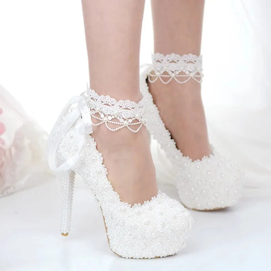 Spring round head shallow pearl lace with waterproof platform wedding shoes thin high-heeled banquet dress large size women shoe
