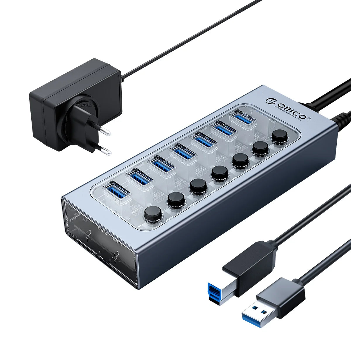 ORICO Aluminum Powered USB3.0 HUB 7/10 Ports USB Extension with Switches 12V Power Adapter Support BC1.2 Charging Splitter