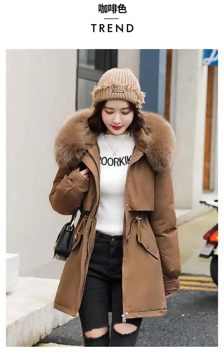 2025 Winter New Korean Edition Loose Thicken Cotton Jacket Women's Big Fur collar Hooded Coat Female Casual Warm Parker Overcoat