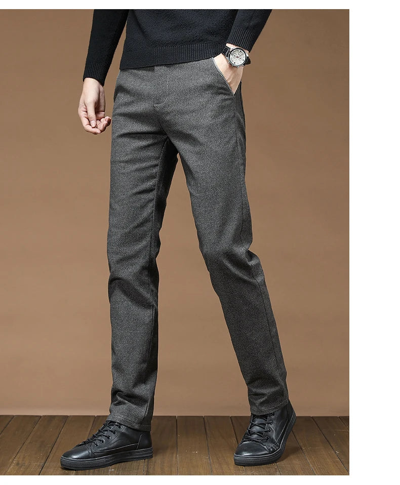Winter Fashion Thermal Mens Casual Pants Fleece Lined Straight  Business Trousers Versatile Black Gray Blue Brand Trousers