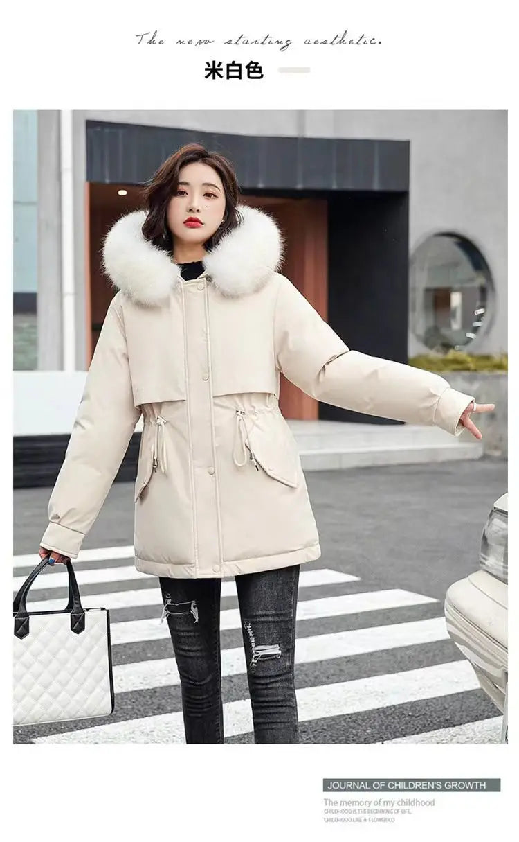 2025 Winter New Korean Edition Loose Thicken Cotton Jacket Women's Big Fur collar Hooded Coat Female Casual Warm Parker Overcoat