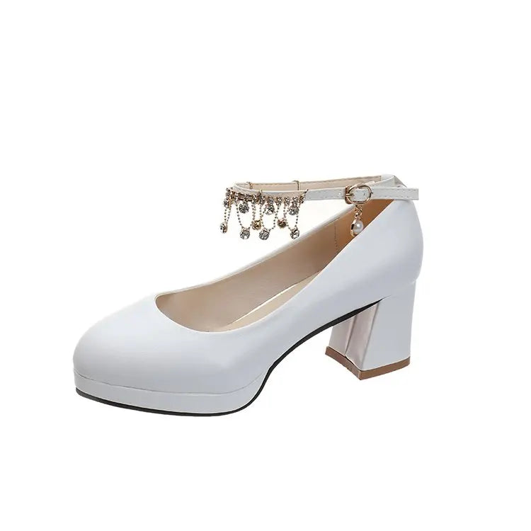 White Women Wedding Shoes Crystal Preal Ankle Strap Bridal Shoes Woman Dress Shoes Seay Pumps Sweet Party Shoes