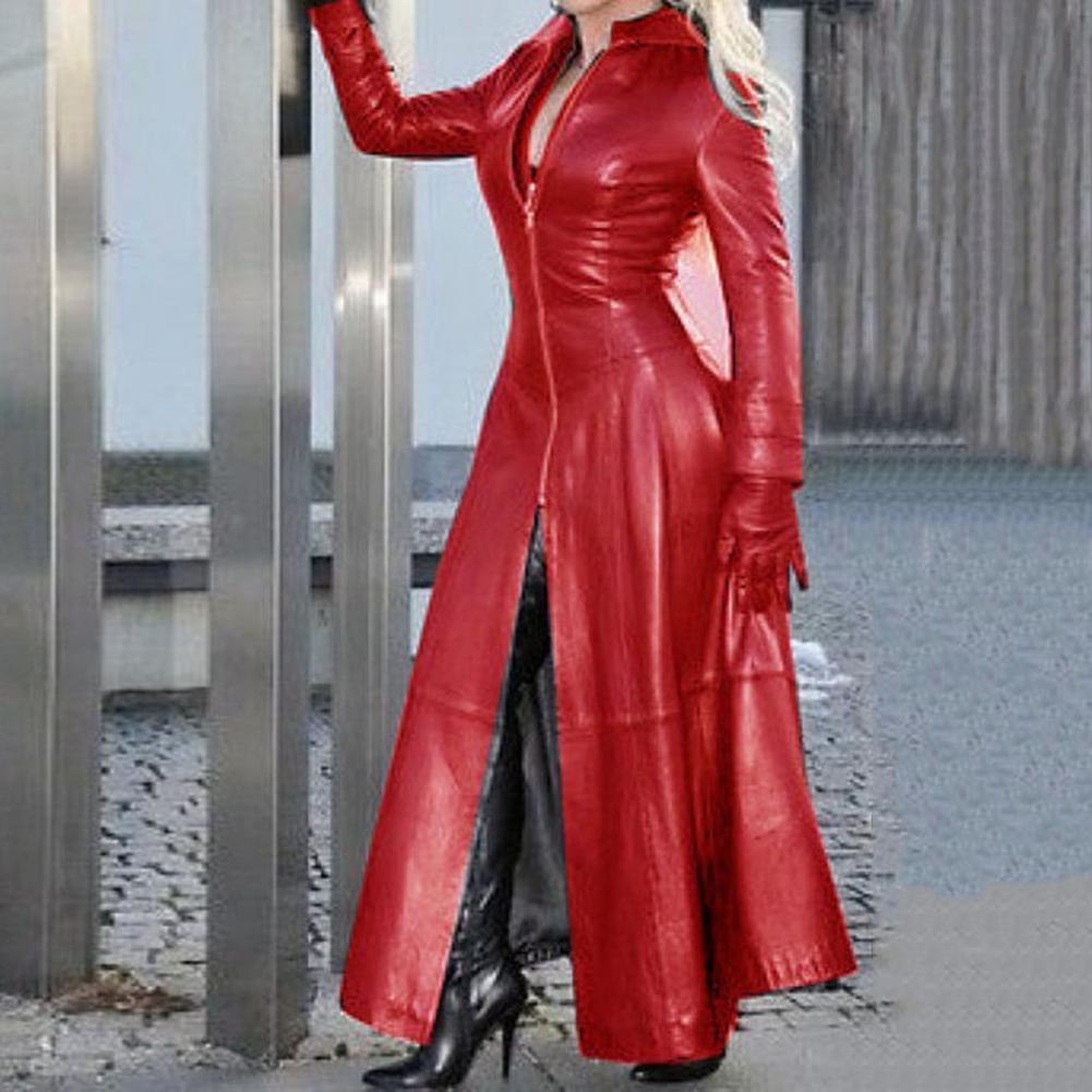 Loose Leather Jacket Trench Women Lapel Collar Zipper  Cyberpunk Coat Tight Waist Split Hem Autumn Winter Long Jacket PU