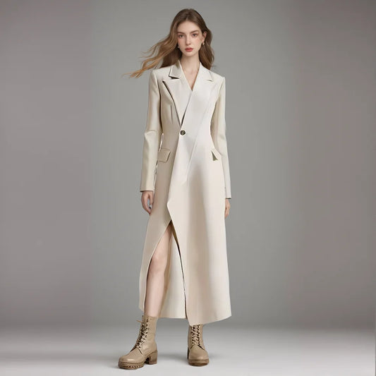 Solid Spliced Pockets Split Trench For Women Lapel Long Sleeve Slim Patchwork Button Temperament Windbreaker Female New