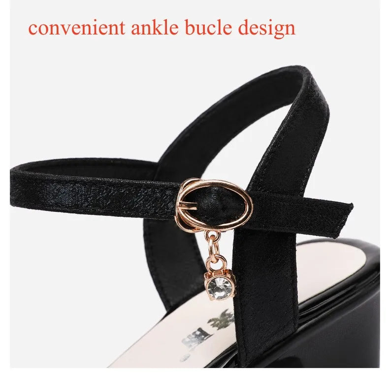 Small Size 32-43 Elegant Rhinestone Black Office Work Mom Shoes Women's Platform Sandals 2025 Summer Med Block Heels Sandals