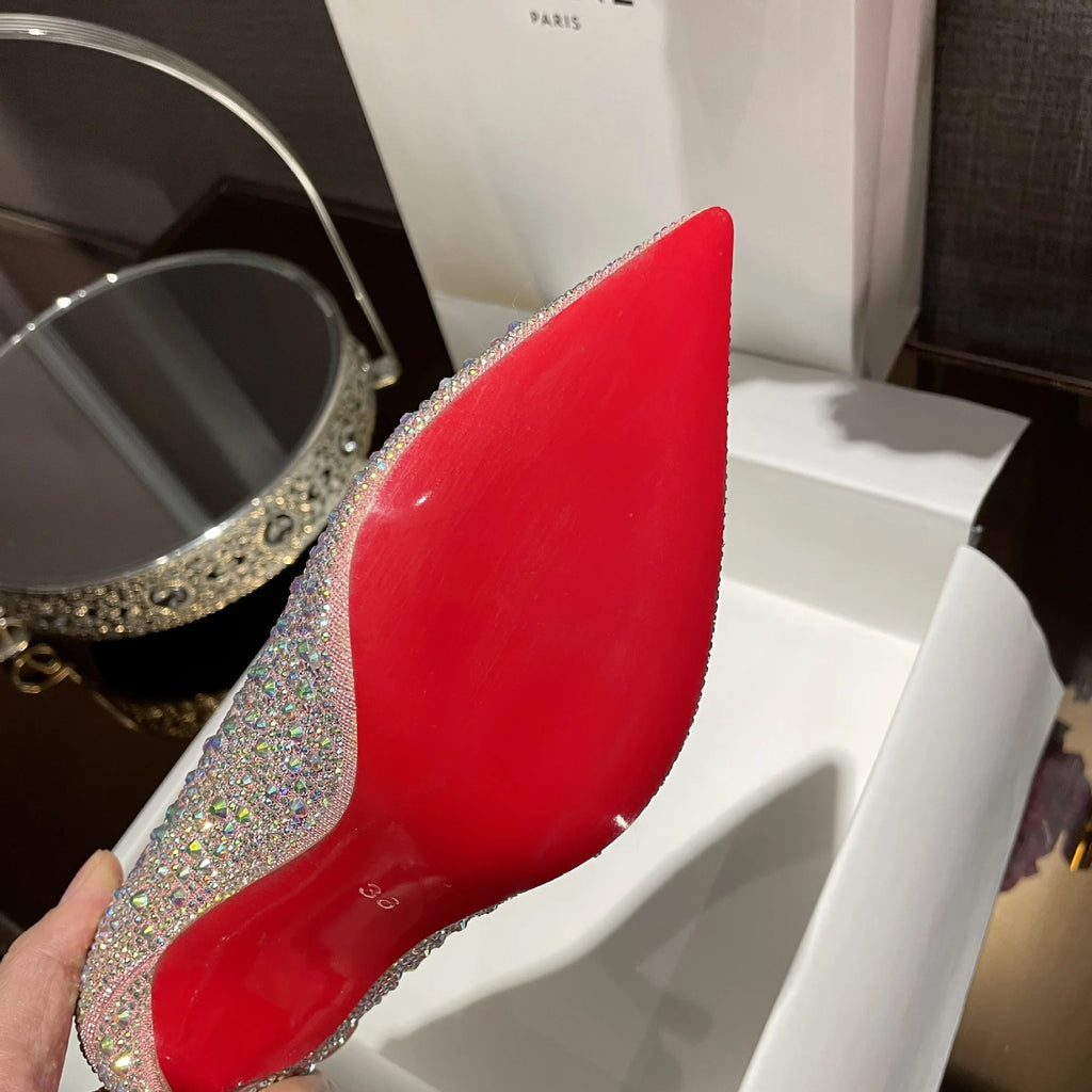 High Heels 2024 Summer New Fashion Versatile Black Rhinestone Single Shoe Red Sole Slim Heel Temperament Women's Shoes