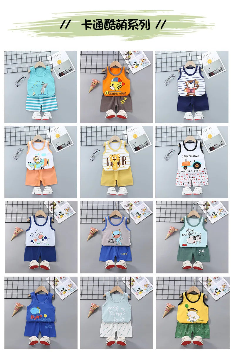 2025 New Summer Children Clothing Set Boys Girls Sleeveless Shorts Children's Suspenders Baby Vest set Kids Clothes
