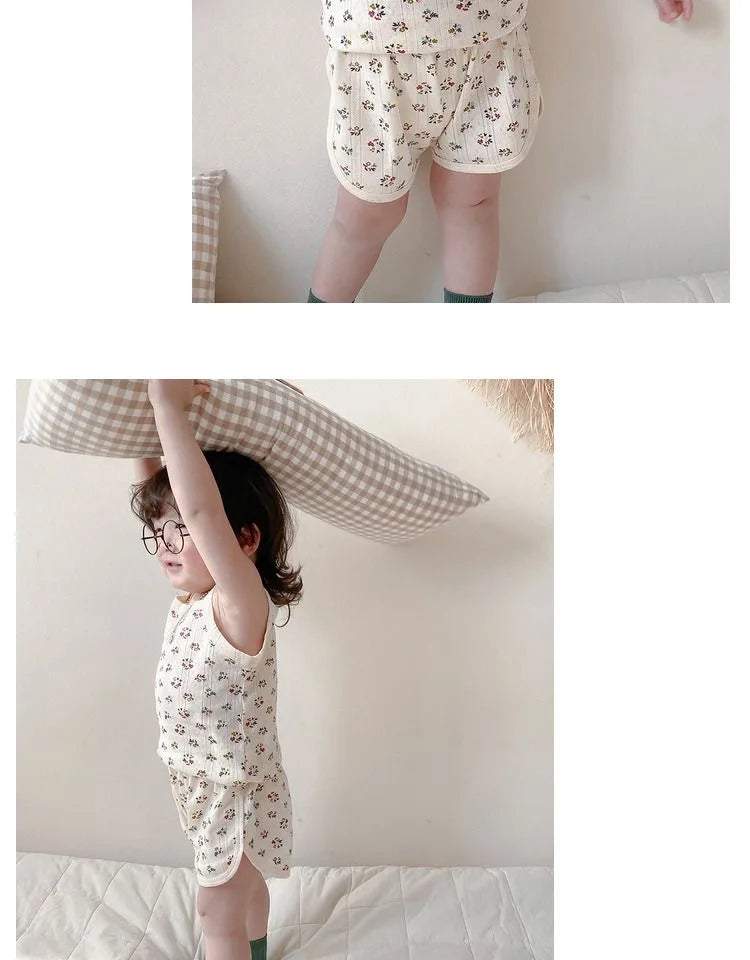 2024 Summer New Baby Sleeveless Tops And Tight Waist Shorts 2 Pieces Suit Girls Square Collar Clothing Set Kids Cotton Clothes