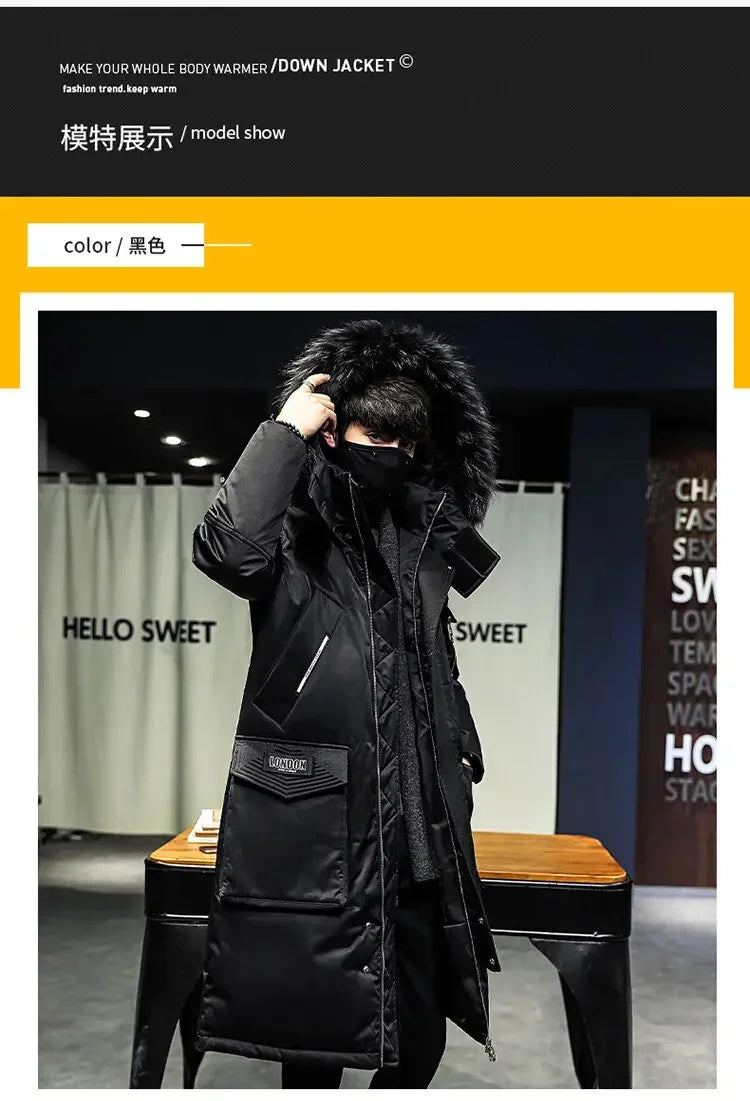 Men's Thickened Down Jacket Hooded Faux Fur Collar Winter Long Parka Jacket Outdoor  Street Fashion Jacket Men's Clothing 2024