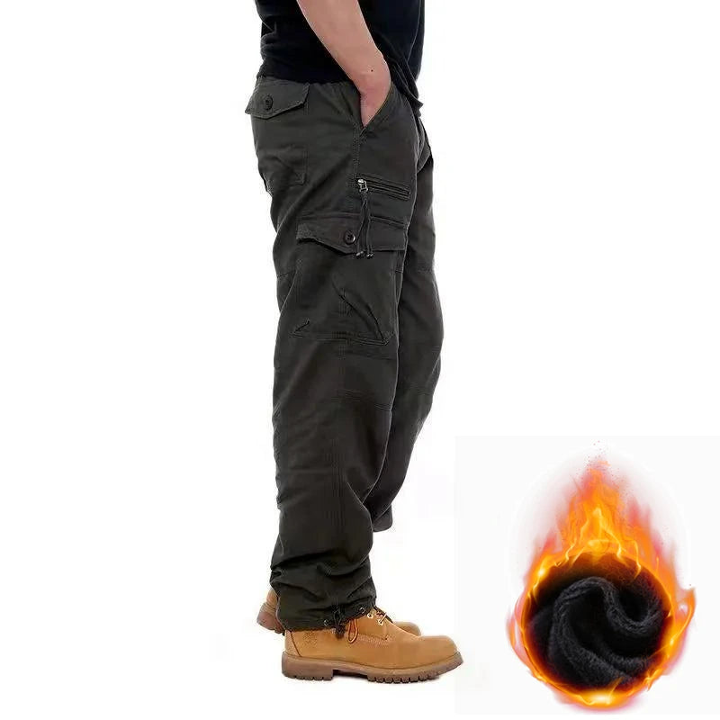 Autumn Winter Mens Cargo Pants Fleece Warm Trousers Cotton Pants Insulated Hiking Running Pants Man Multiple Pockets