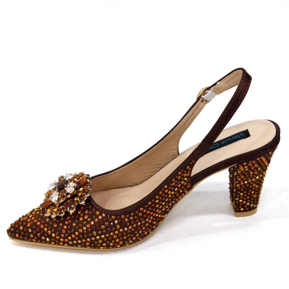 Venus Chan Nigerian Women Heel Party Ladies Italian Design Shoes And Bag Set Decorated with Rhinestone Handbag Wedding Party