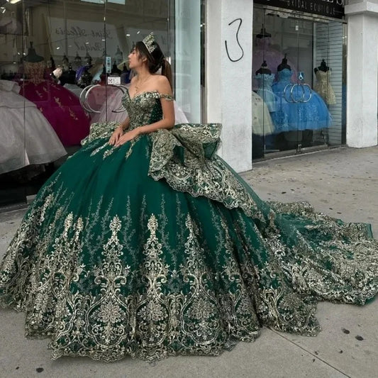 ANGELSBRIDEP Luxury Emerald Green Quinceanera Dress Golden Lace Applique Princess Birthday Party Vestidos De 15 Anos Customized
