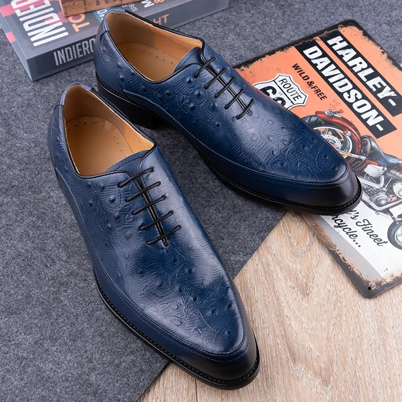 Men's Wedding Leather Shoes Handmade Classic Designer Formal Dress Leather Shoes Luxury Printing Pointed Toe Shoes Black Blue