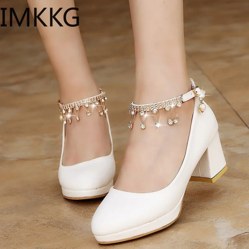 White Women Wedding Shoes Crystal Preal Ankle Strap Bridal Shoes Woman Dress Shoes Seay Pumps Sweet Party Shoes