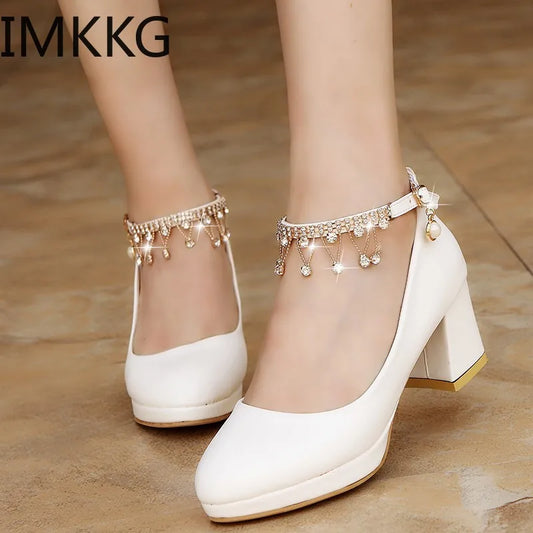 White Women Wedding Shoes Crystal Preal Ankle Strap Bridal Shoes Woman Dress Shoes Seay Pumps Sweet Party Shoes