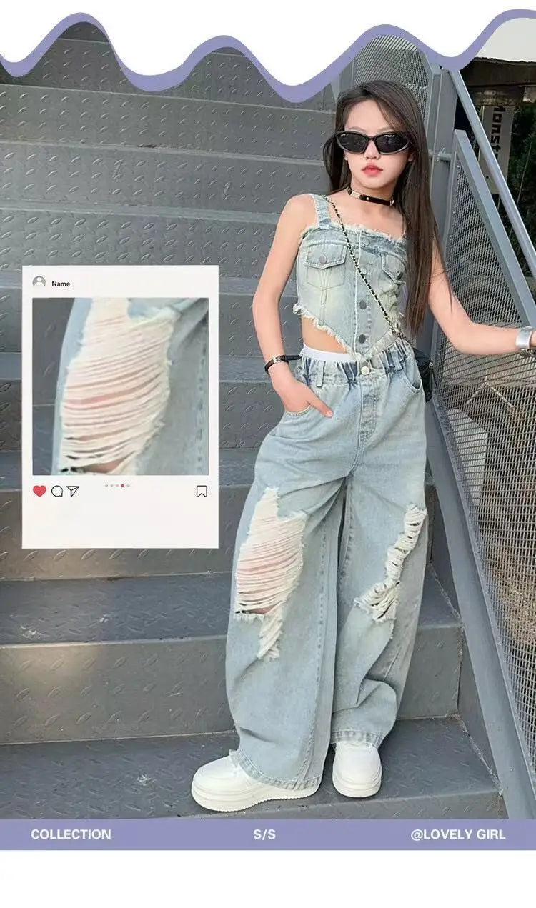 Girl Summer 2025 Halter Vest Ripped Wide-Leg Pants Two-Piece Set Kids Casual Harbor Flavor Simple Style