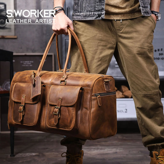 S.WORKER Vintage Genuine Leather Travel Bag Crazy-horse Cowhide Leather Duffel Bag Handicrafted Weekender Bag Gym Bag