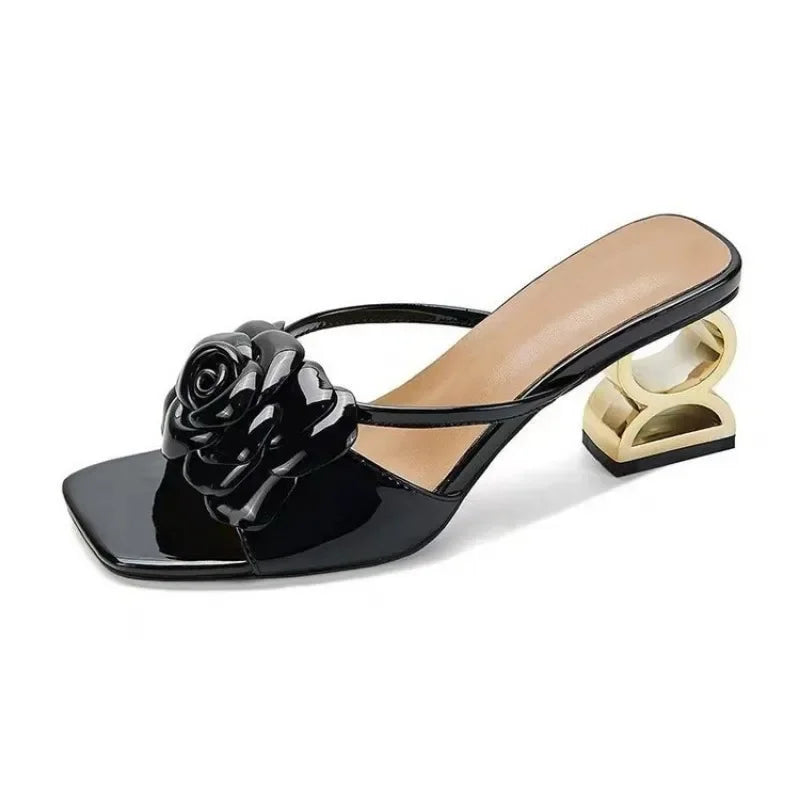 Women Shoes 2025 New Summer Big Size 34-42 Fashion Flowers Black Beige Gold Dress Party Wedding Female Sandals Shoes