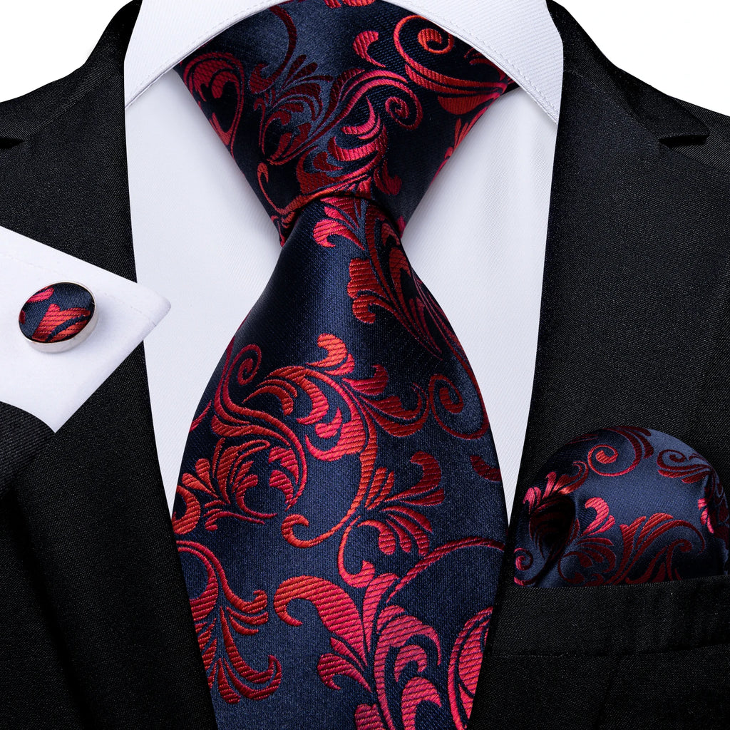 Men's Floral Red 8cm Ties Handkerchief Cufflinks Metal Ring Brooch Pin 5 Pcs Set Wedding Party Suits Accessory Gift for Husband