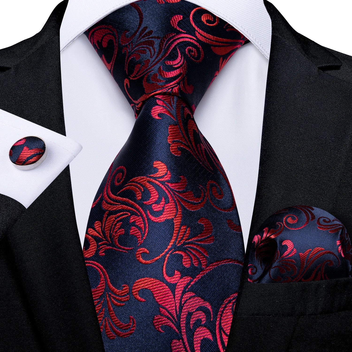 Men's Floral Red 8cm Ties Handkerchief Cufflinks Metal Ring Brooch Pin 5 Pcs Set Wedding Party Suits Accessory Gift for Husband