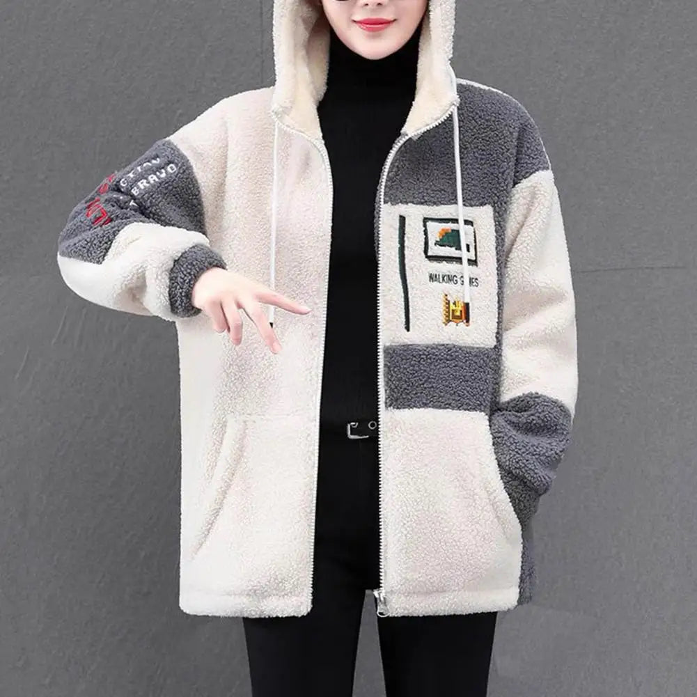 Women Autumn Winter Jacket Hooded Colorblock Thick Plush Long Sleeve Letter Embroidery Drawstring Cardigan Lady Mid Length Coat