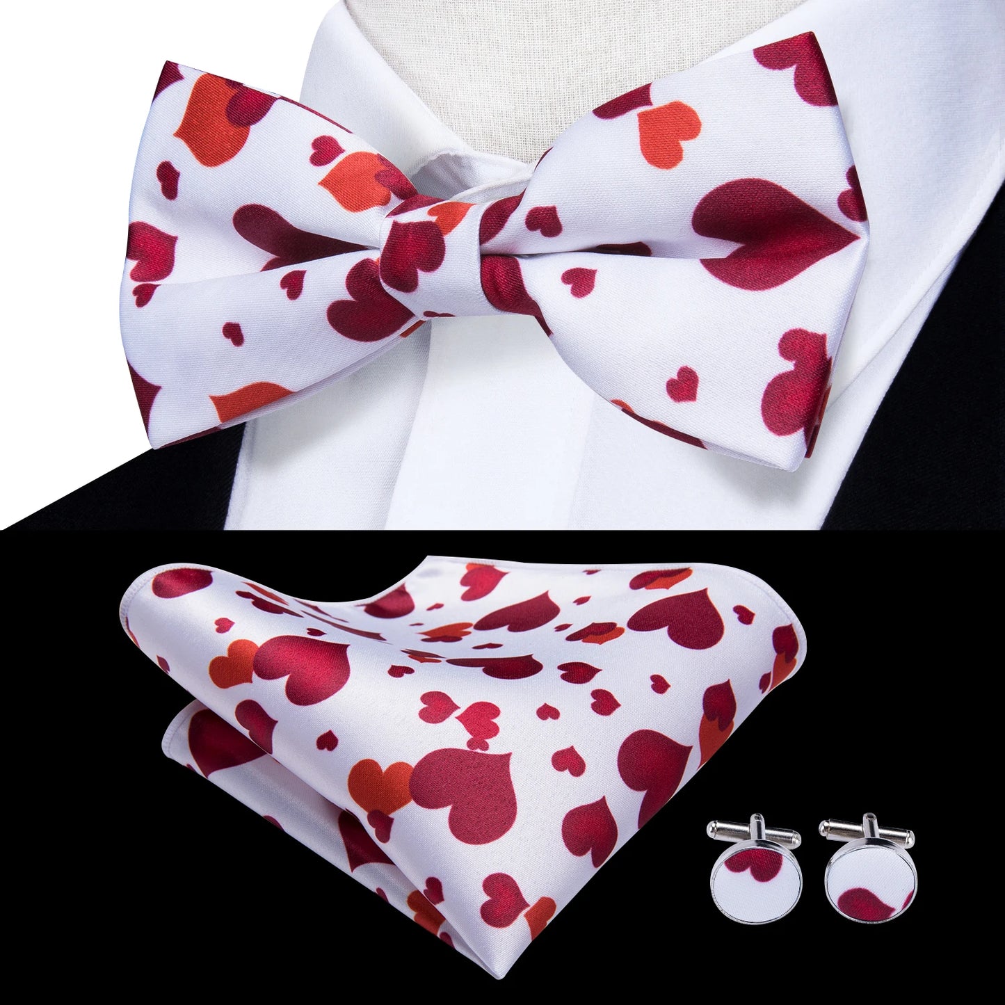 Hi-Tie Pink Dot Silk Mens Pre-tied Bow Tie Hanky Cufflink Set Dusty Pink Butterfly Knot Bowtie for Male Wedding Business