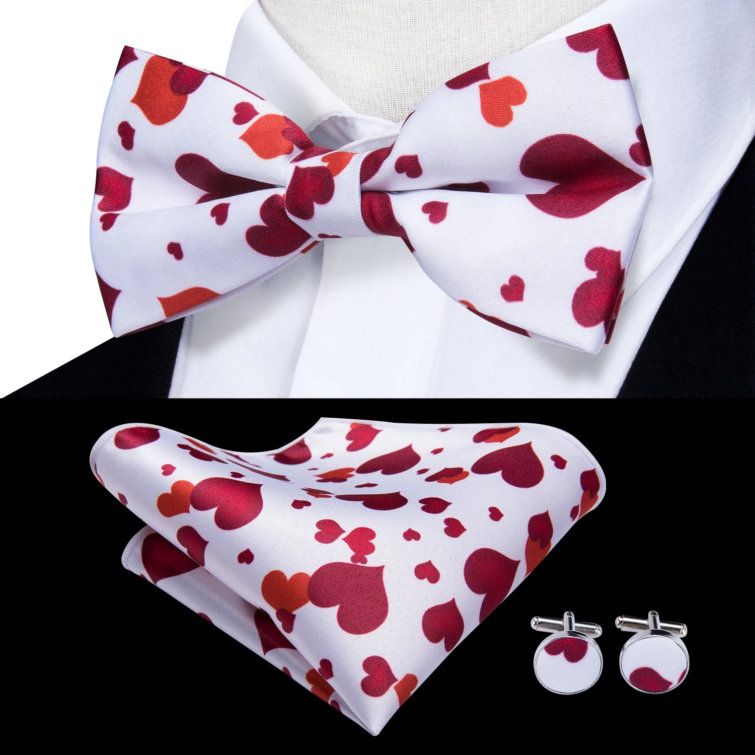 Hi-Tie Pink Dot Silk Mens Pre-tied Bow Tie Hanky Cufflink Set Dusty Pink Butterfly Knot Bowtie for Male Wedding Business