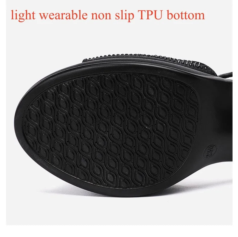 Small Size 32-43 Elegant Rhinestone Black Office Work Mom Shoes Women's Platform Sandals 2025 Summer Med Block Heels Sandals