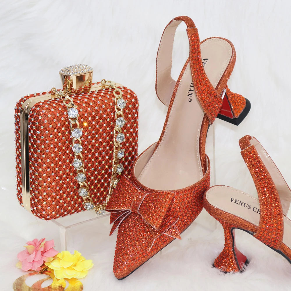 Venus Chan Bridal High Heels for Women 2023 Pointed Toe With Bows Gold Color Rhinestone  Elegant Party Wedding Shoe and Bag Set