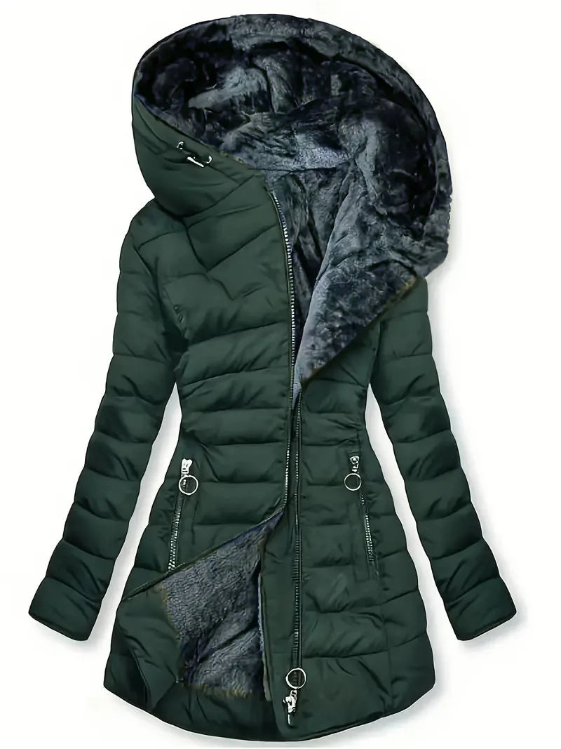Long Sleeve Coat Solid Women's Winter Jacket with Plush Lining Hooded Outerwear Warm Windproof Down Coat for Cold Weather